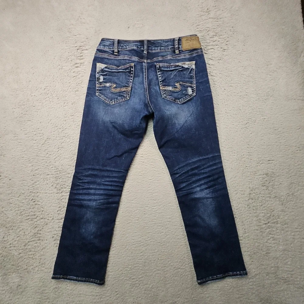 Silver Jeans Suki Capri Womens 31 Blue Denim Western Dark Wash Distressed Faded